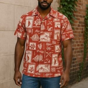 J Crew Button Up Hawaiian Shirt Mens L Red Slub Cotton Knit Short Sleeve